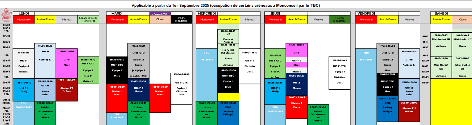 Planning des entraînements 2025-2026